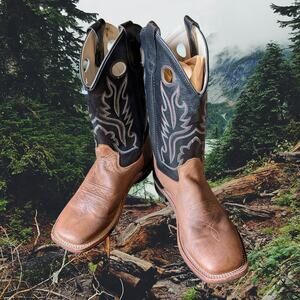 Old West Black Youth Boys Carona Leather Broad Square Toe Cowboy Boots 7 D
